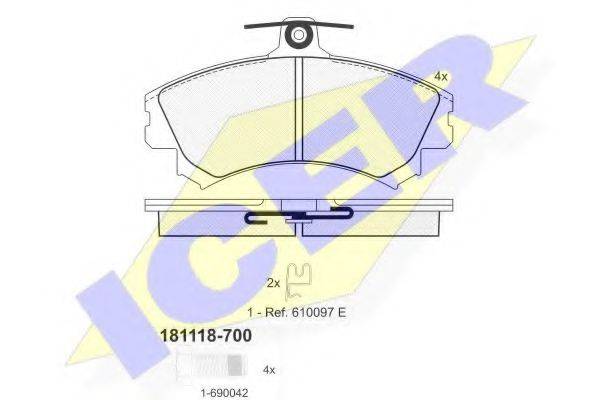 Комплект гальмівних колодок, дискове гальмо ICER 181118-700