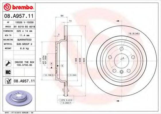 Тормозной диск BREMBO 08.A957.11