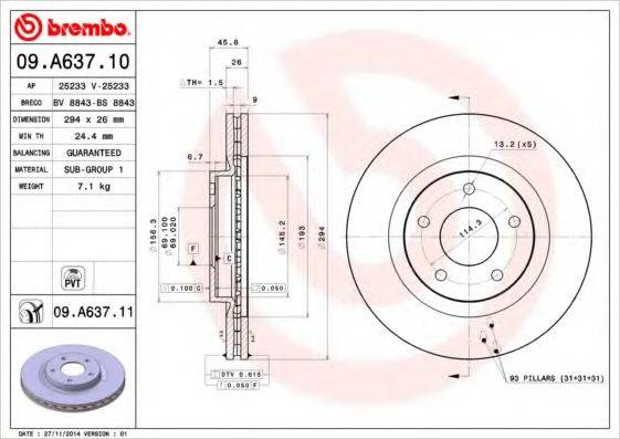 Тормозной диск BREMBO 09.A637.11