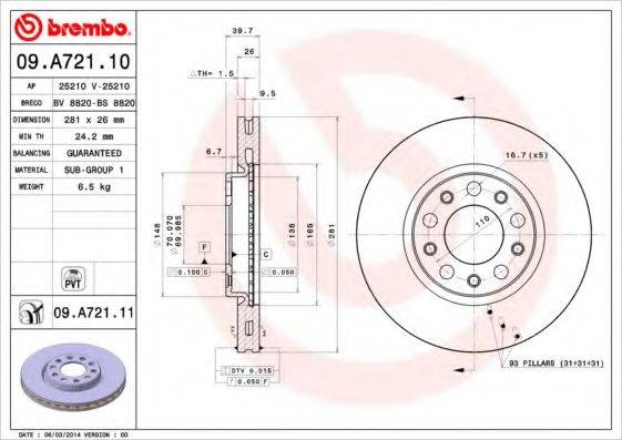 Тормозной диск BREMBO 09.A721.11