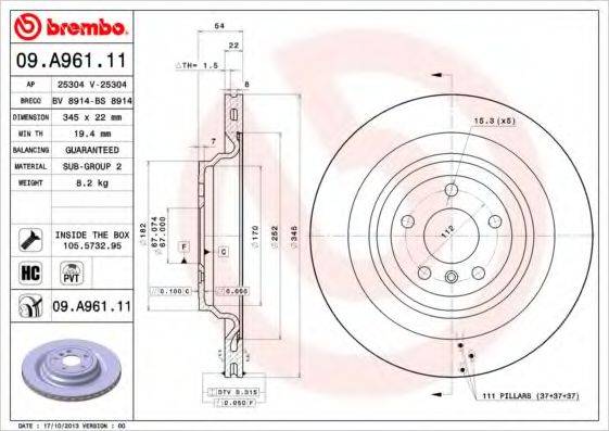 Тормозной диск BREMBO 09.A961.11